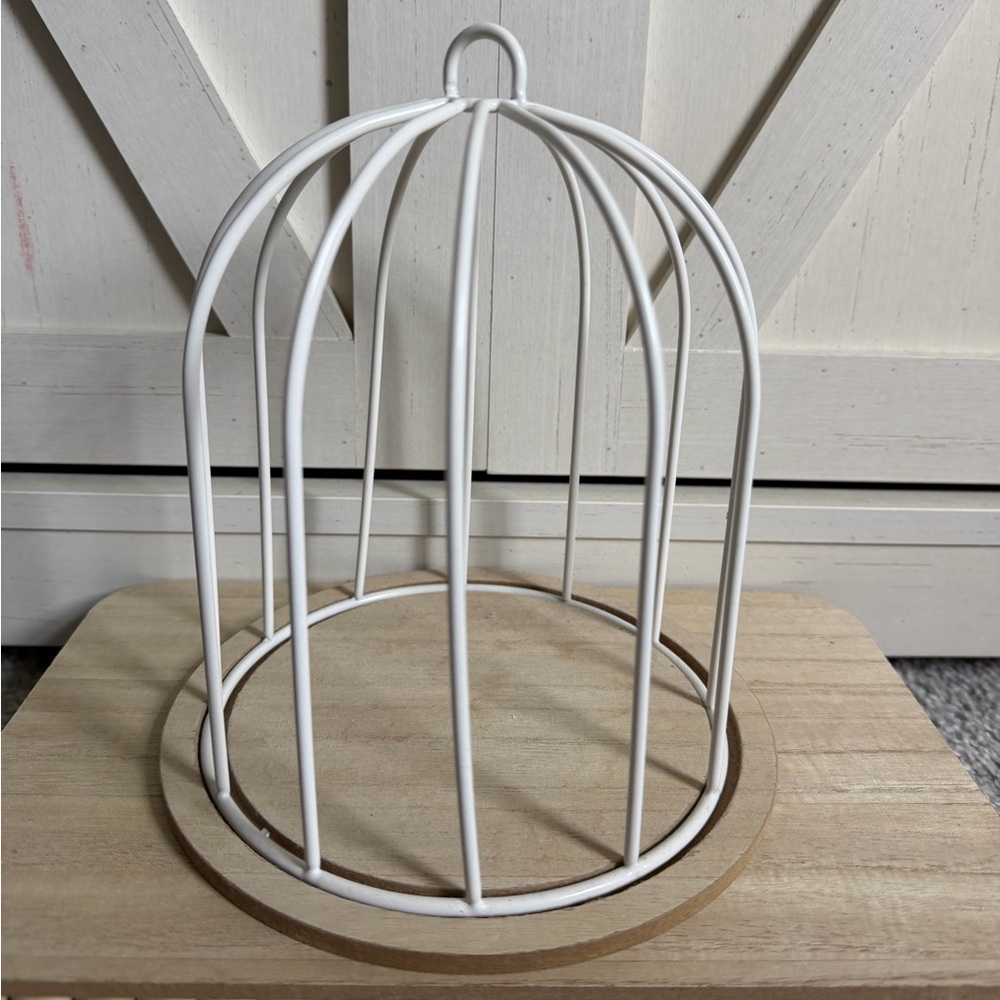 Bullseye White Metal Bird Cage with Wood Base Spring Easter